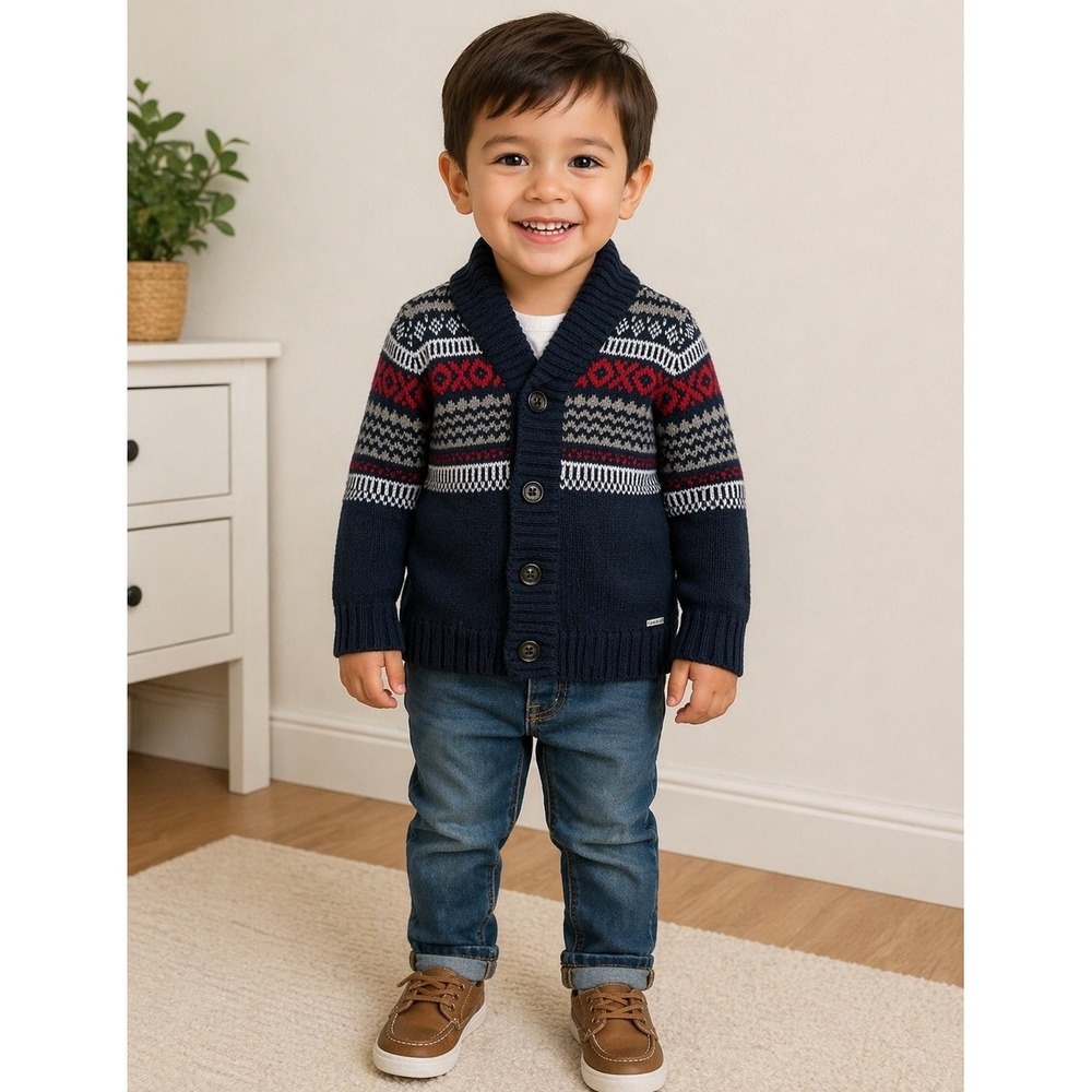 Tahari Boy Cardigan Sweater Boys 3T Navy Blue Fair Isle Shawl preppy heritage